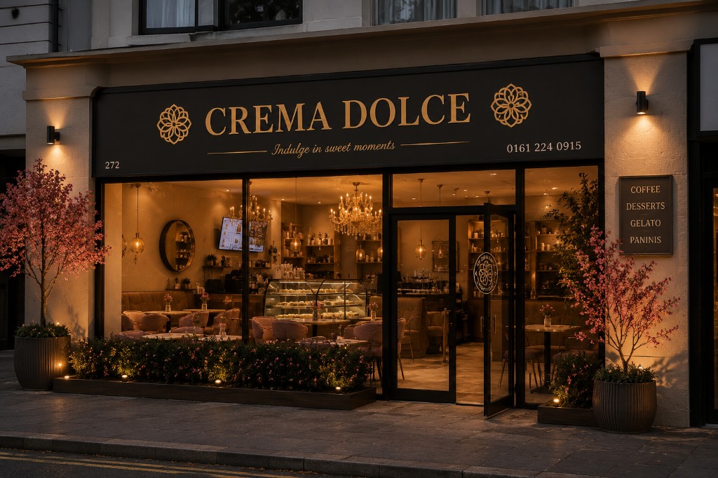 Crema Dolce storefront at dusk