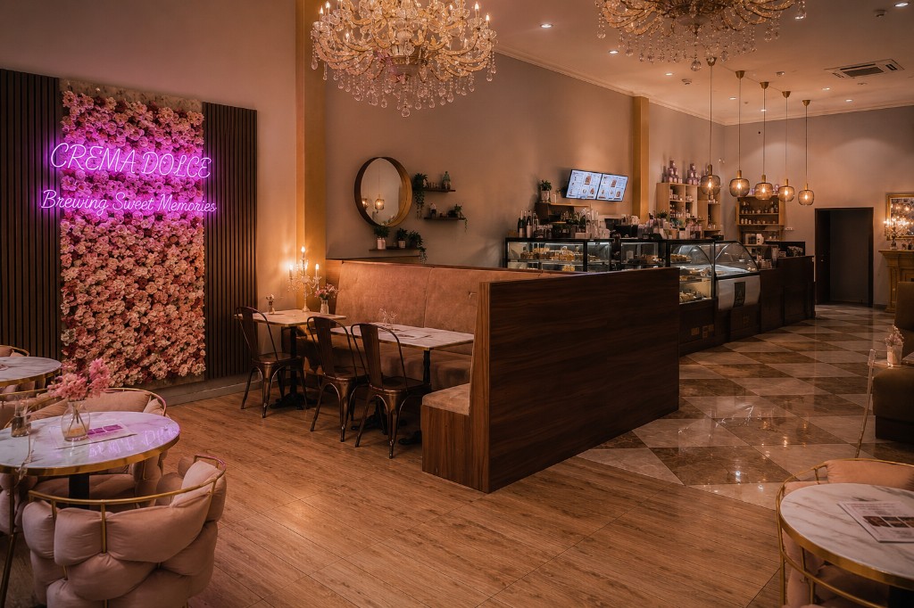 Crema Dolce café interior with rose wall and chandeliers